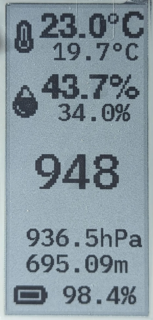 e-ink display showing temperature, humidity, co2, pressure, altitude, and battery level