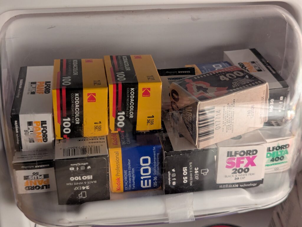 Film rolls stored in the the butter dish of the fridge